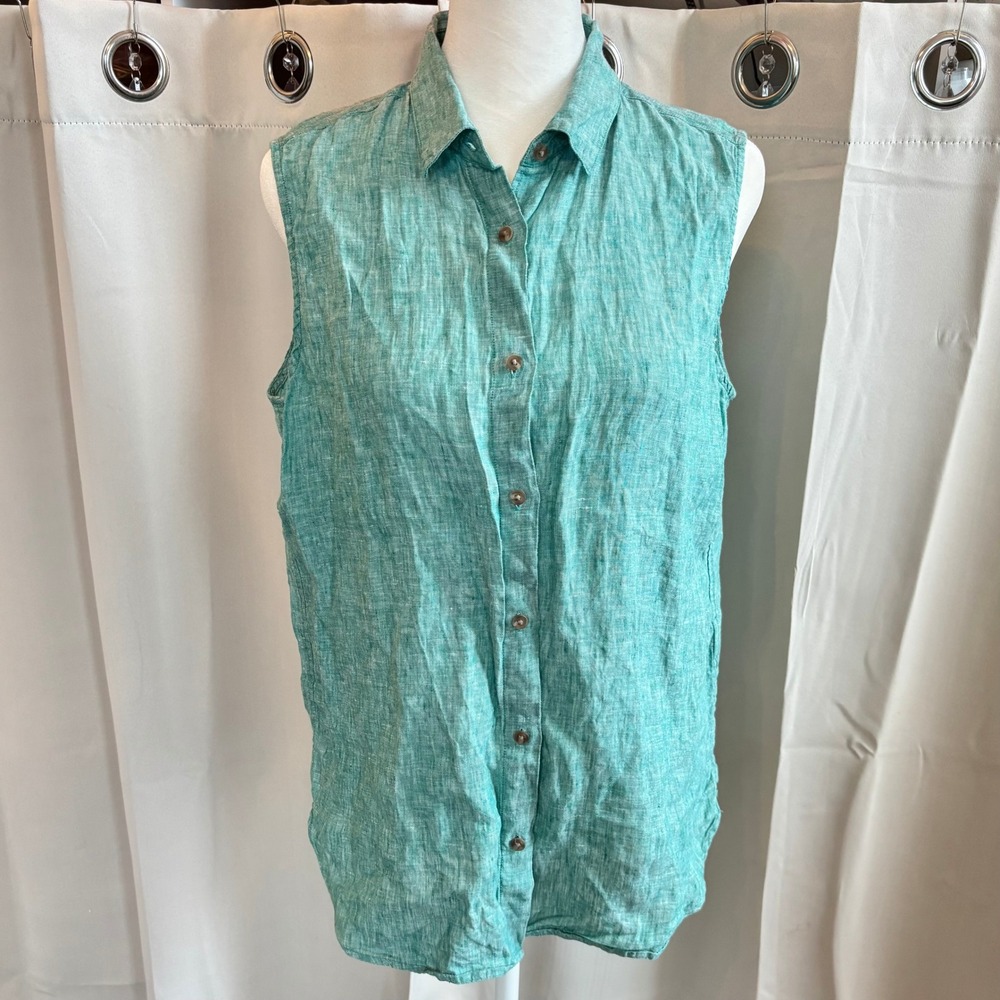 Uniqlo Womens Top Medium 100% Linen Button Up Coastal Beachy Casual Boho 20042